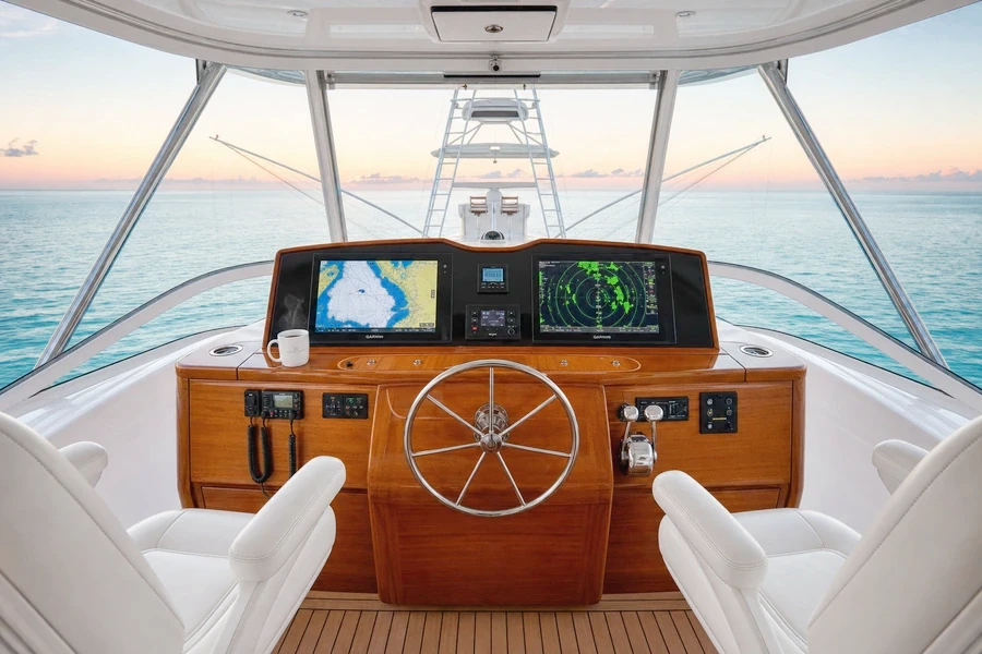 Dawn at the enclosed helm, nav screens lit