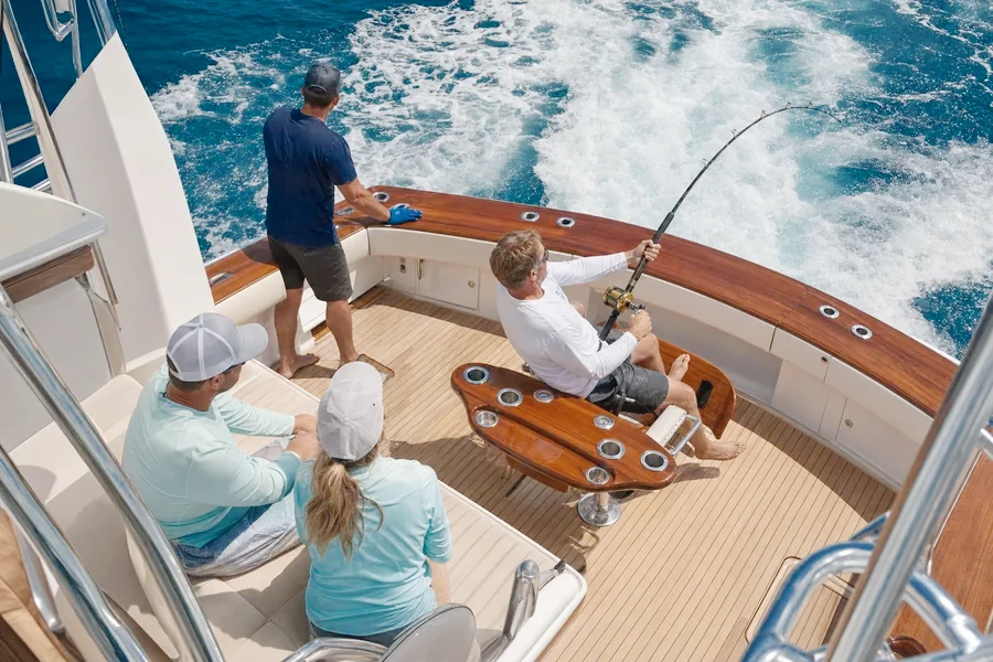 Hooked up in the teak cockpit